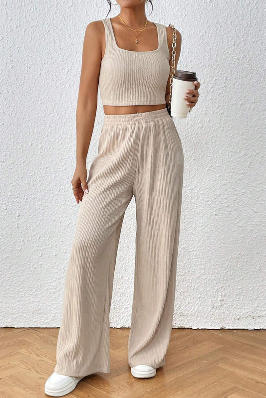 Pale Khaki Textured Crop Tank Top and Wide Leg Pants Set Bottoms JT's Designer Fashion