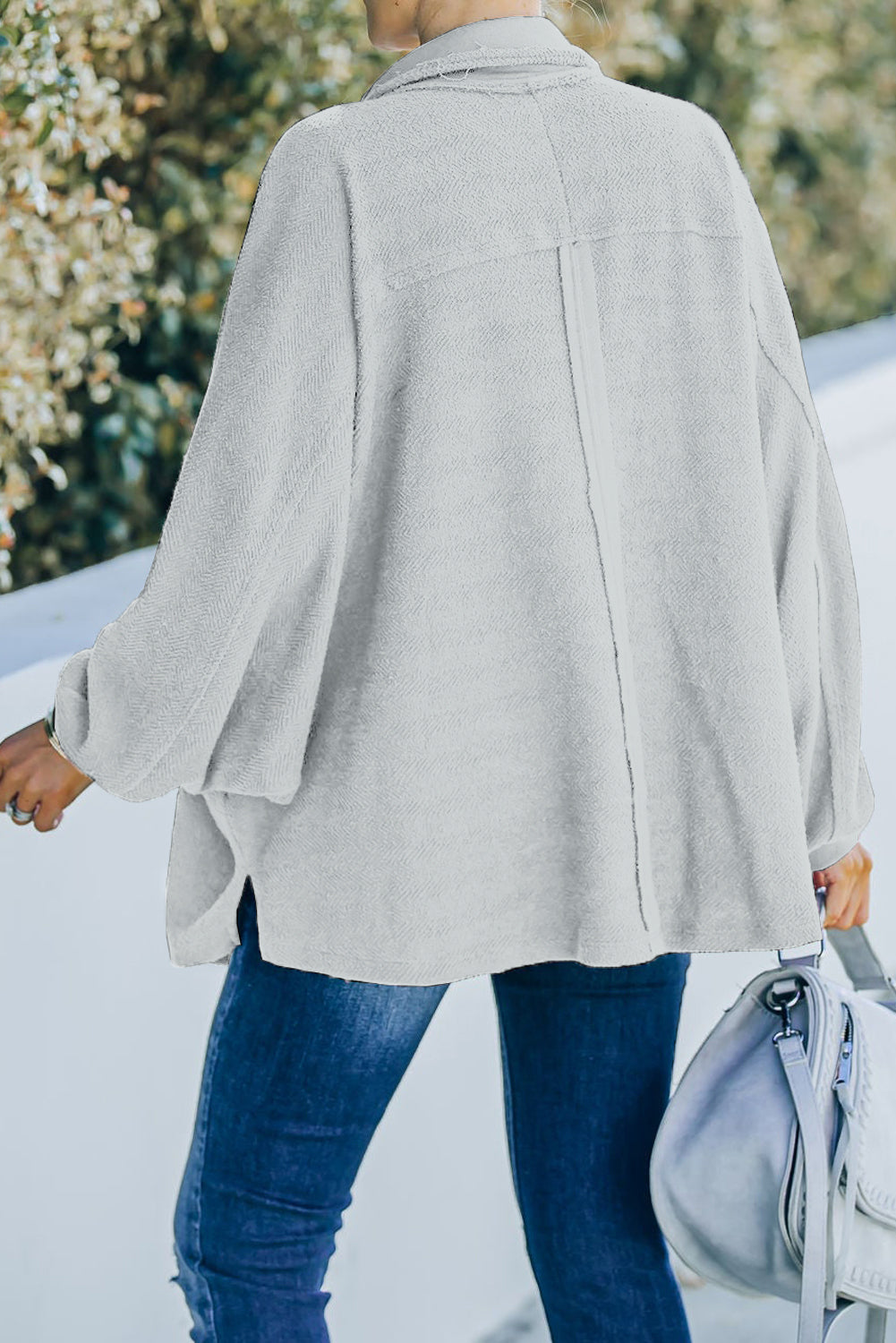 Light Grey White Plus Size Long Sleeve Flap Pocket Henley Top Plus Size JT's Designer Fashion