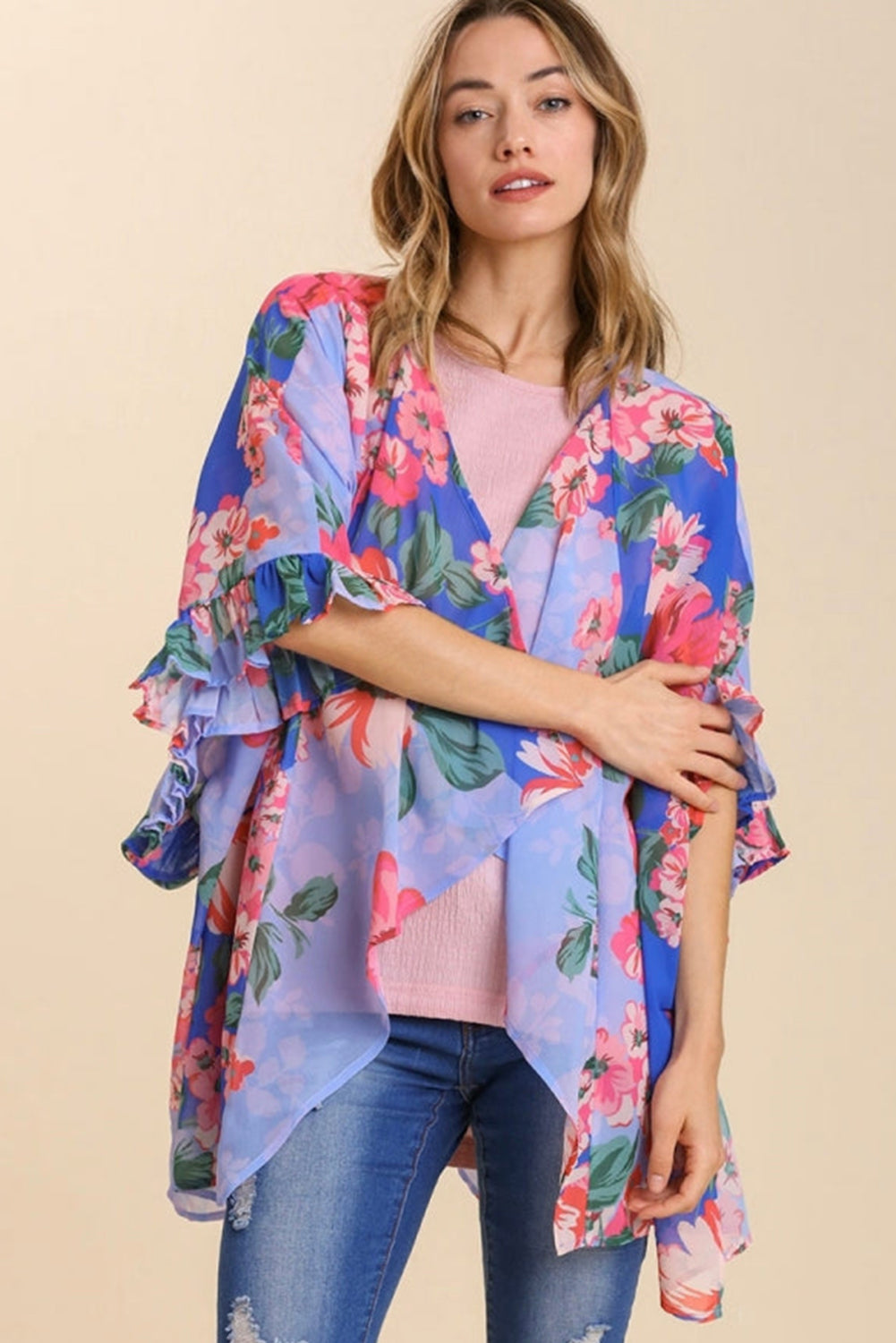 Sky Blue Floral Print Ruffled 3/4 Sleeve Loose Fit Kimono Kimonos JT's Designer Fashion