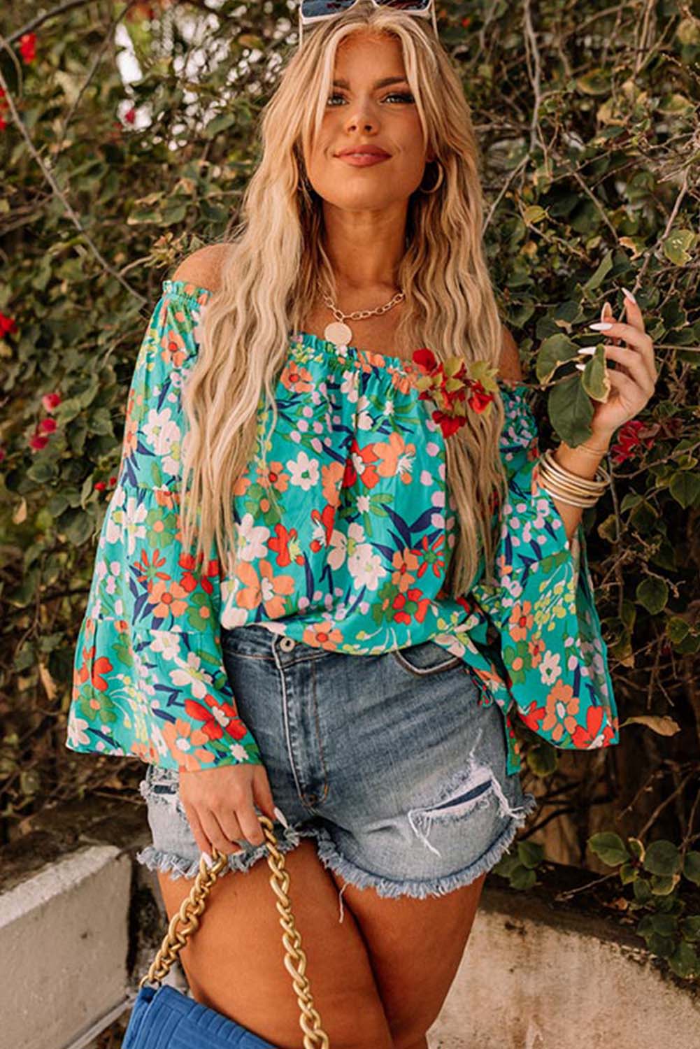 Green Frill Off-Shoulder Floral Long Sleeve Plus Size Blouse Plus Size JT's Designer Fashion