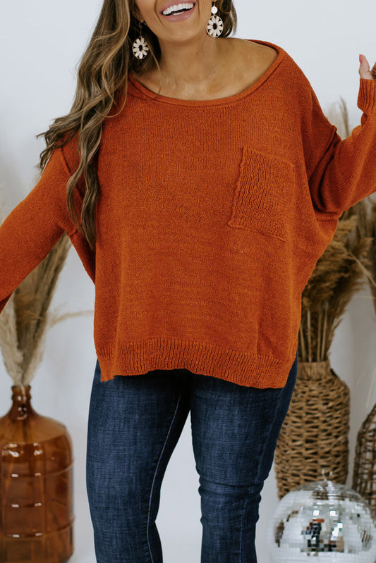 Orange Plus Size Chest Pocket Loose Split Side Sweater Plus Size JT's Designer Fashion