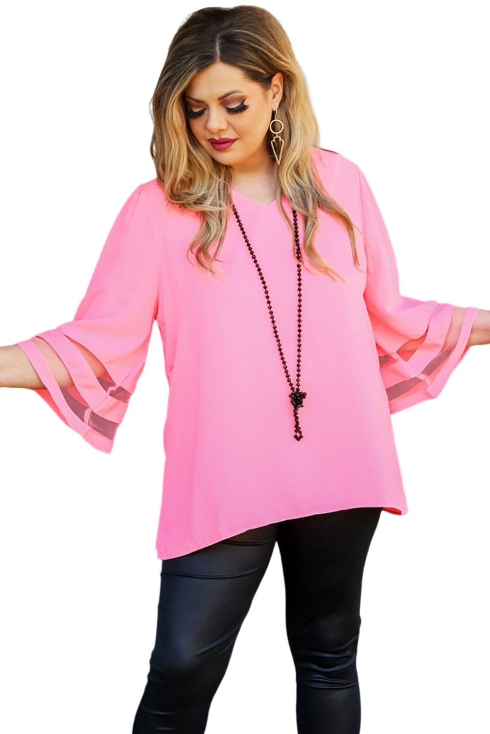 Pink Mesh Striped Bell Sleeve Plus Size Blouse Plus Size JT's Designer Fashion