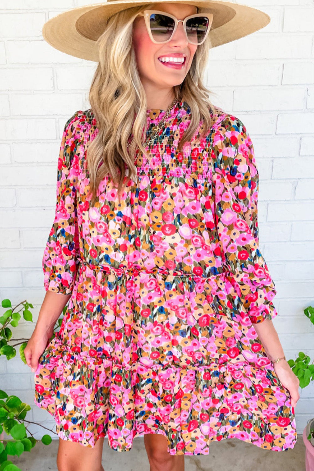 Printed 3/4 Sleeve Smocked Tiered Floral Dress Dresses JT's Designer Fashion