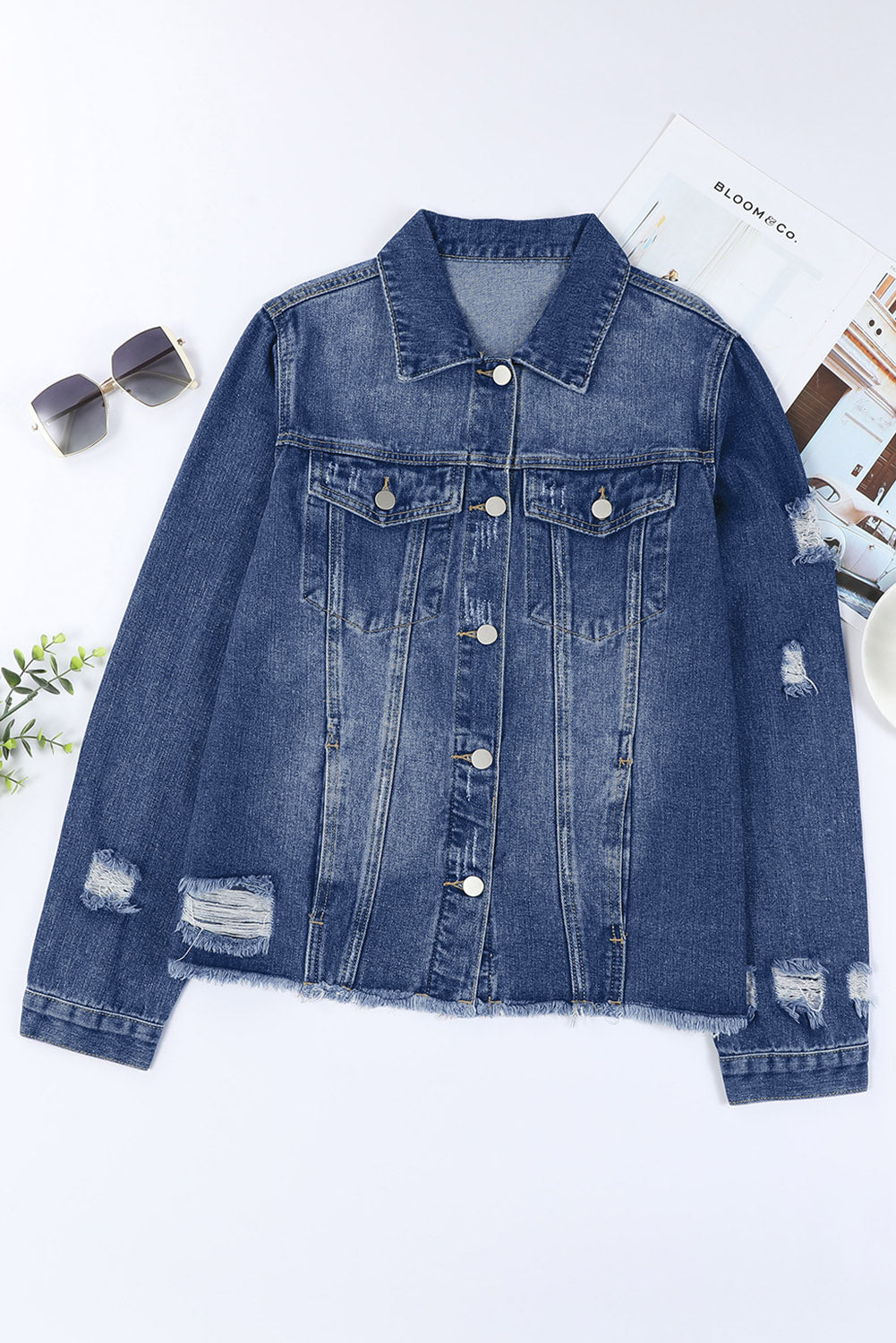 Dark Blue Plus Size Distressed Flap Pocket Denim Jacket Denim jackets JT's Designer Fashion