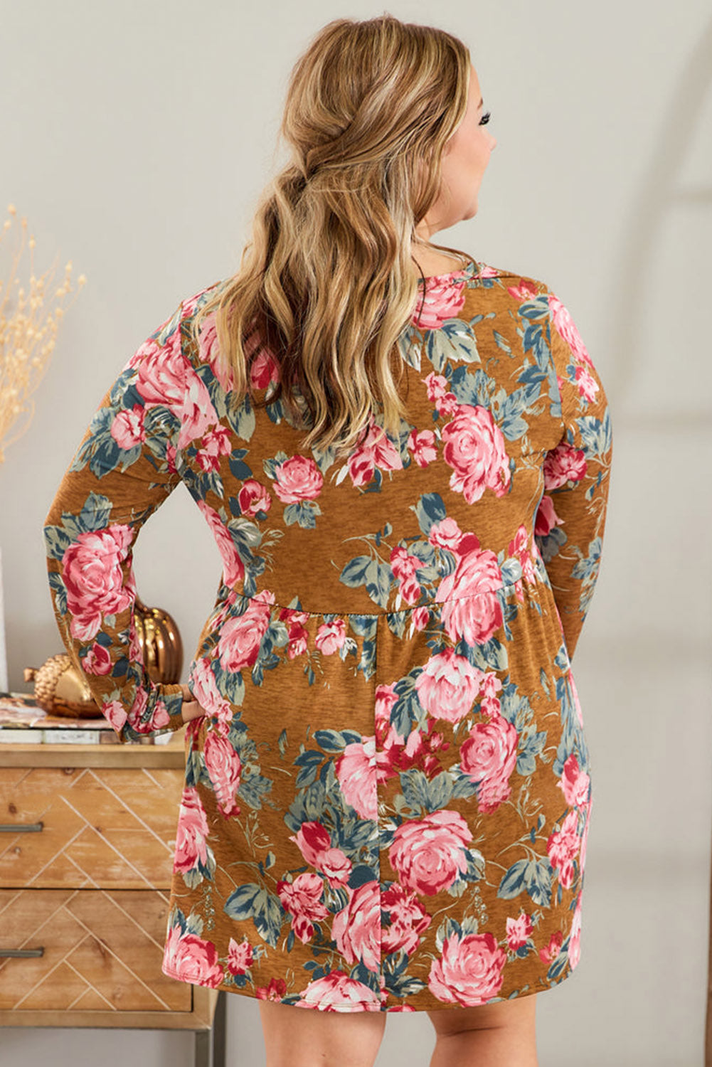 Brown Vintage Blooms Plus Size Pocketed Long Sleeve Dress Plus Size JT's Designer Fashion