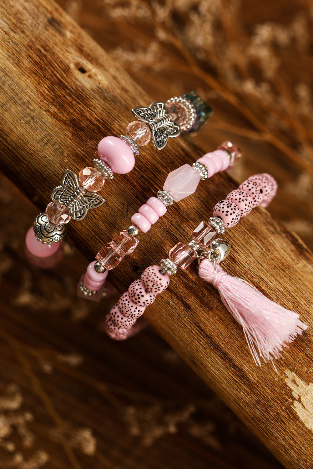 Light Pink Butterfly Beaded Tassel Multi-layered Bracelet Jewelry JT's Designer Fashion