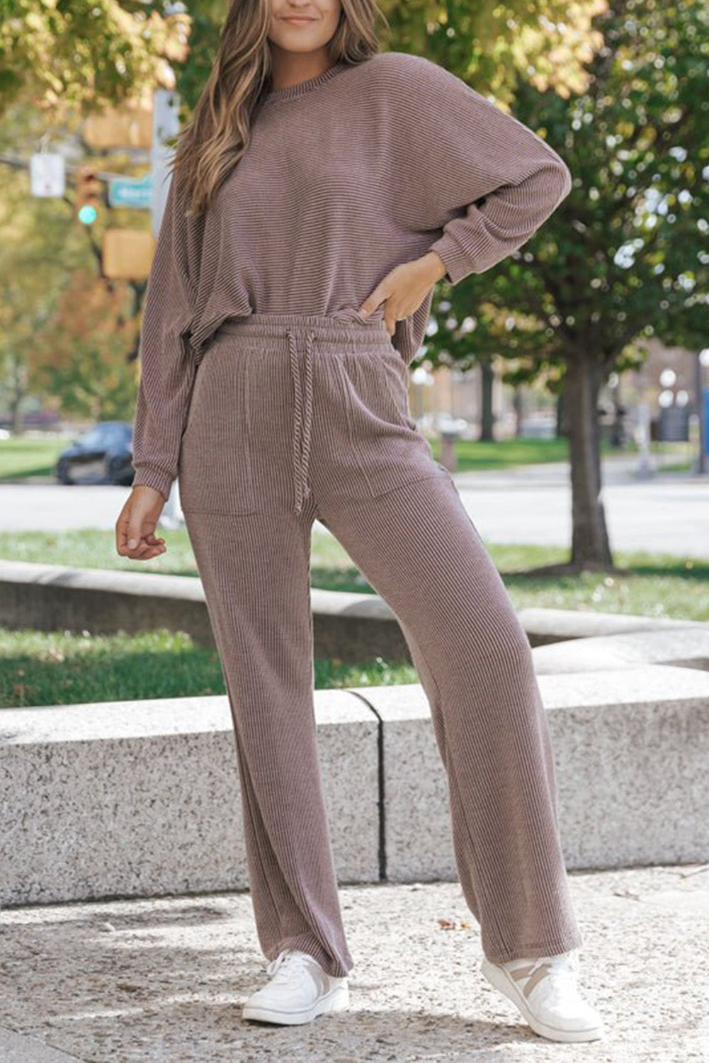 Dark Brown Solid Color Long Sleeve Top and Drawstring Pants Set Bottoms JT's Designer Fashion