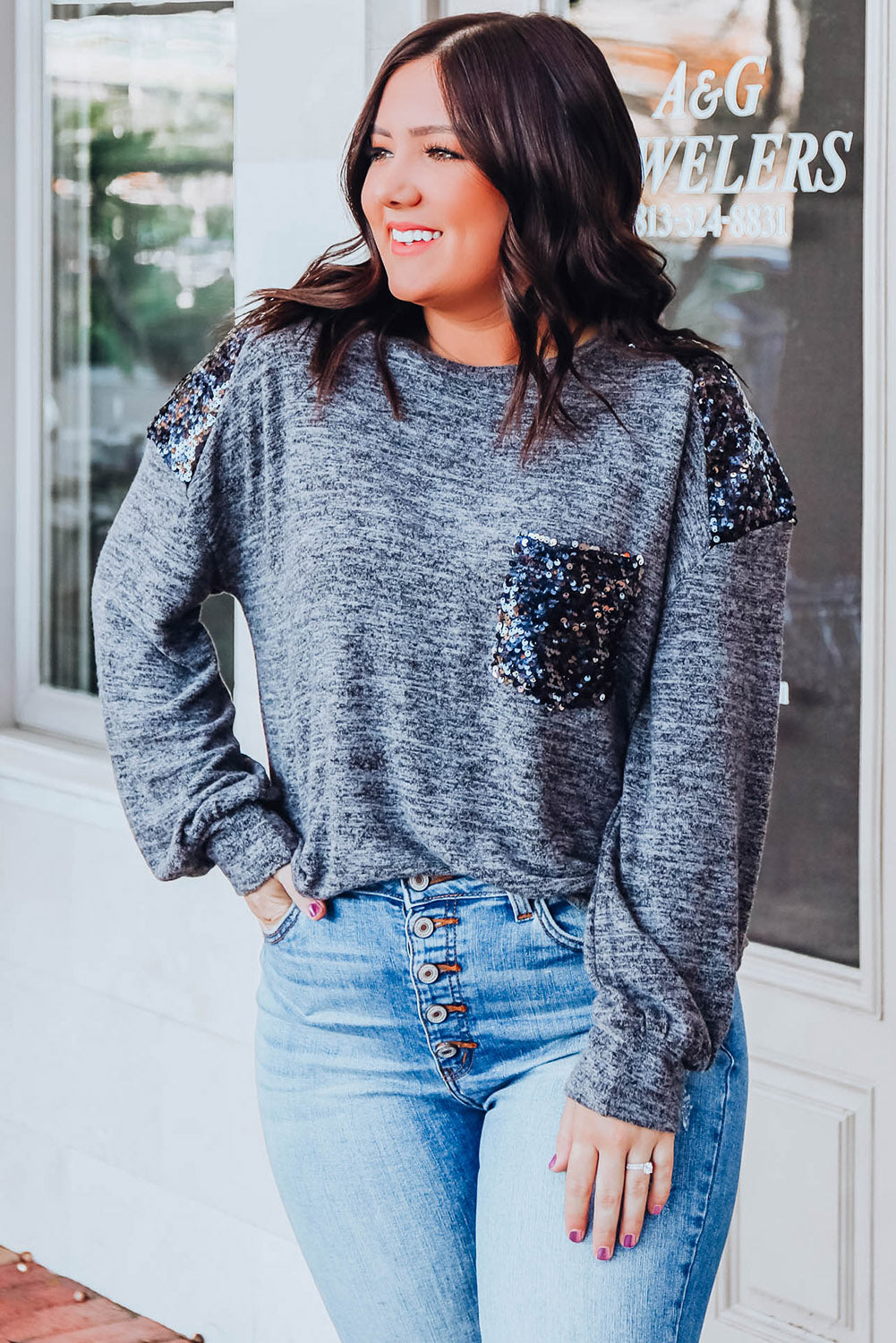 Gray Sequin Patchwork Long Sleeve Plus Size T Shirt Plus Size JT's Designer Fashion