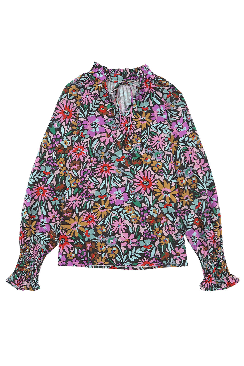 Multicolor Floral Print Ruffled Long Sleeve V-Neck Blouse Blouses & Shirts JT's Designer Fashion