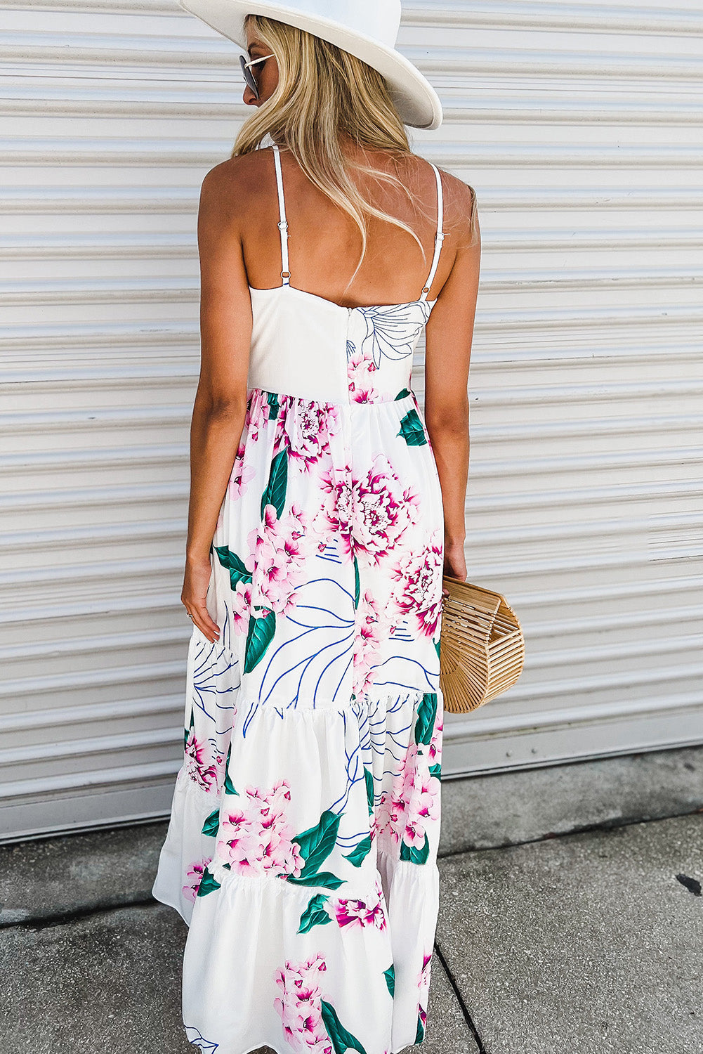 White Floral Twist Cutout Adjustable Straps Maxi Dress Floral Dresses JT's Designer Fashion