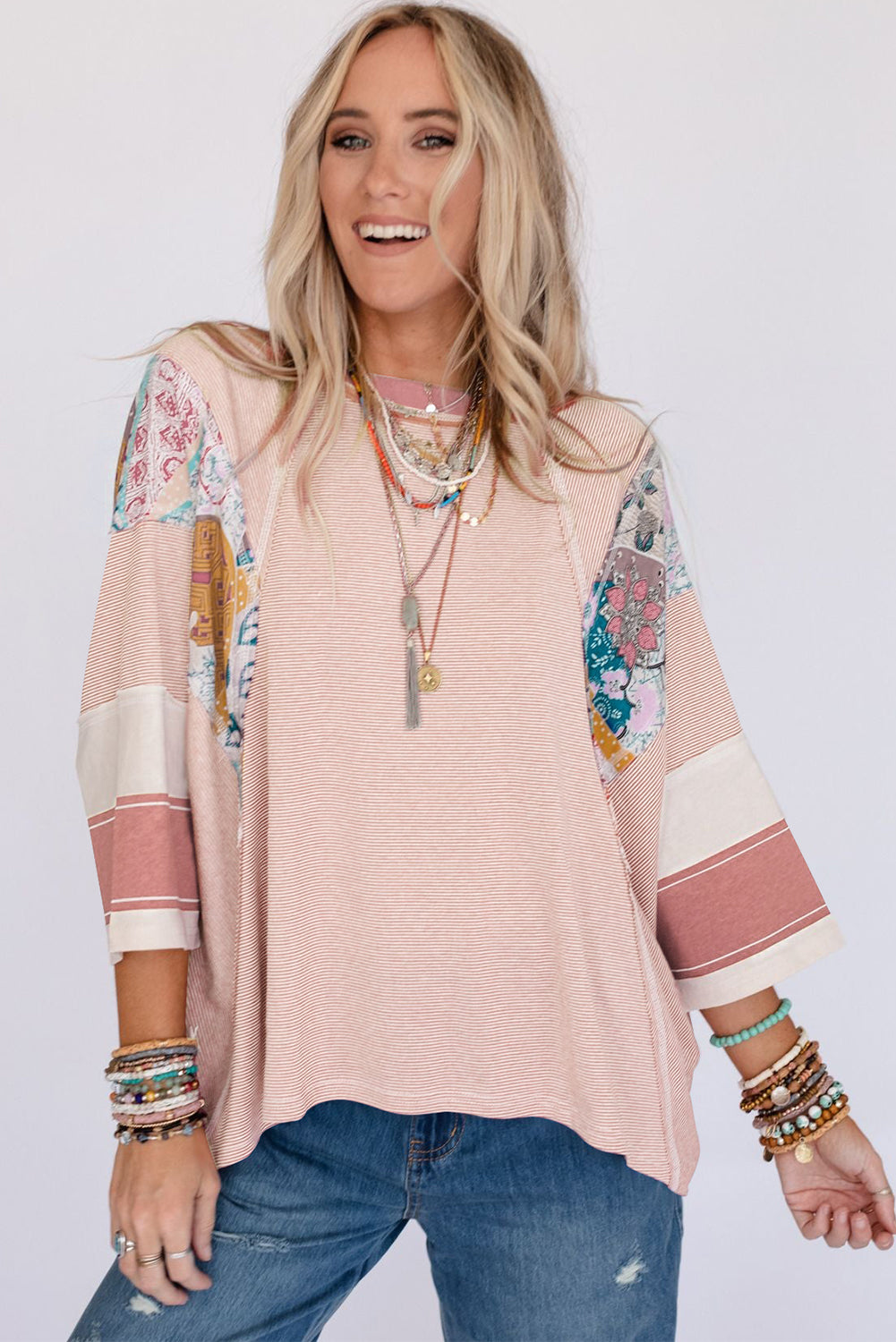 Pink Printed Pinstriped Color Block Patchwork Oversized Top Tops & Tees JT's Designer Fashion