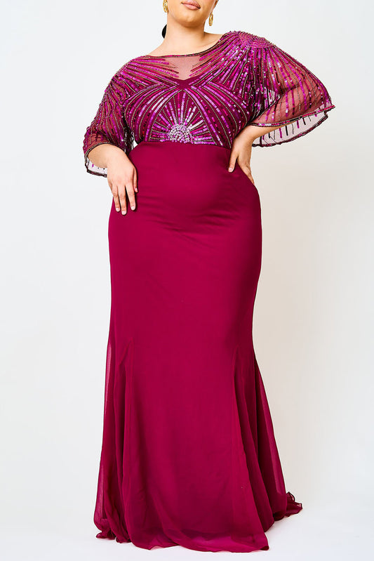 Red Sequin Mesh Open Back Plus Size Maxi Dress Plus Size JT's Designer Fashion