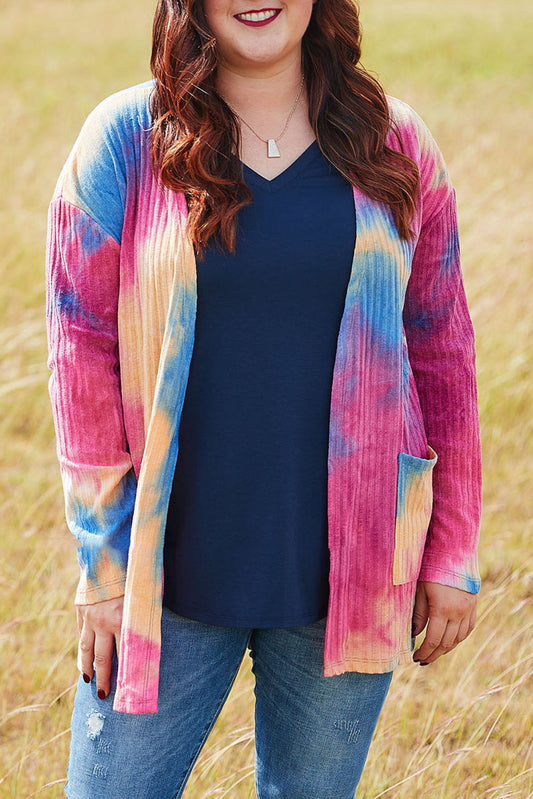 Multicolor Plus Size Tie-dye Print Ribbed Cardigan Plus Size JT's Designer Fashion