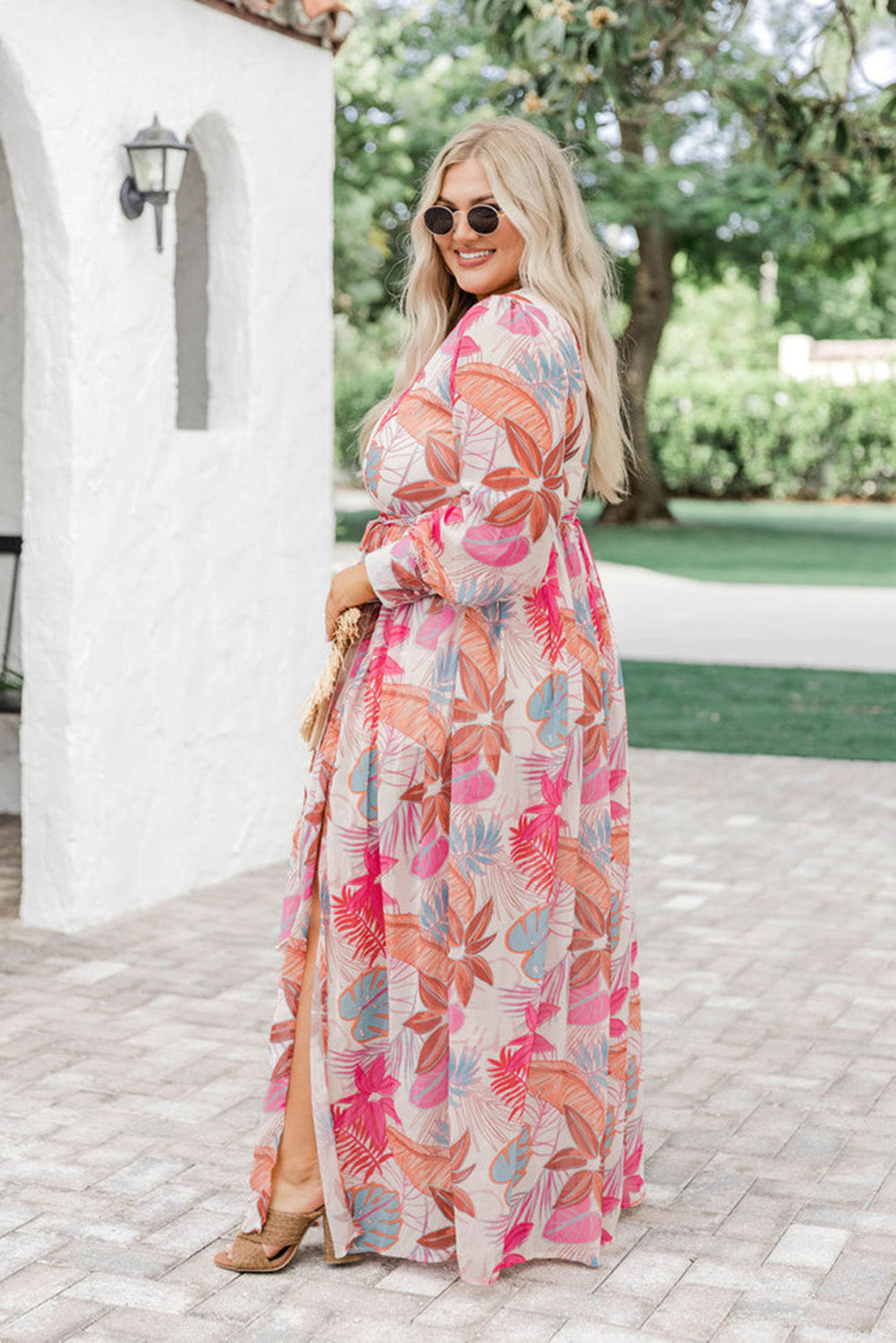 Multicolor Tropical Plant Print Knotted High Waist Plus Size Maxi Dress Plus Size JT's Designer Fashion