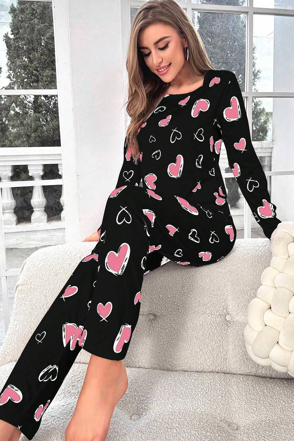 Black Valentines Heart Print Long Sleeve Top & Pants PJ Set Loungewear JT's Designer Fashion