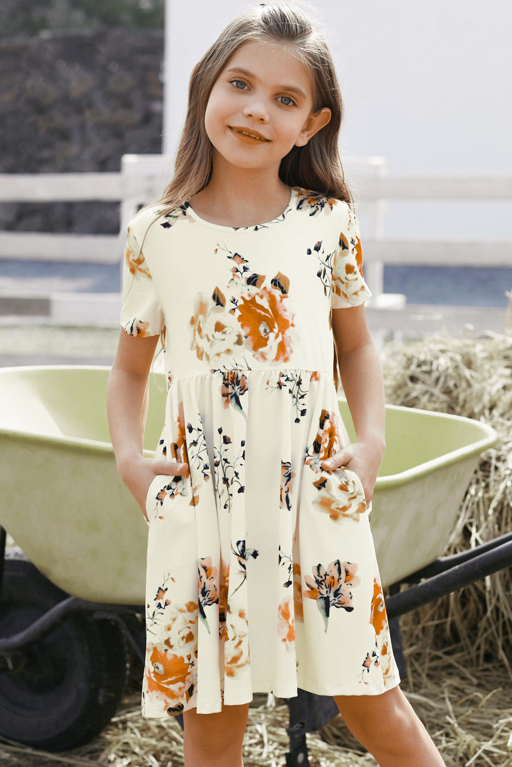 Girls Floral Short Sleeve Round Neck Dress Girls Dresses JT's Designer Fashion