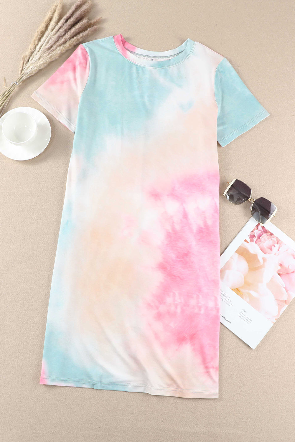 Multicolor Tie Dye Oversized Slit Tee Dress T Shirt Dresses JT's Designer Fashion