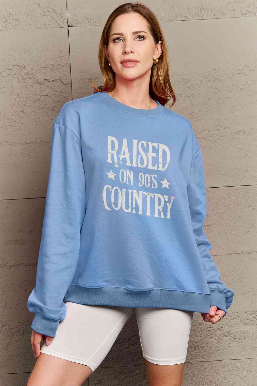 Simply Love Full Size RAISED ON 90'S COUNTRY Graphic Sweatshirt Misty Blue Graphic Sweatshirts JT's Designer Fashion