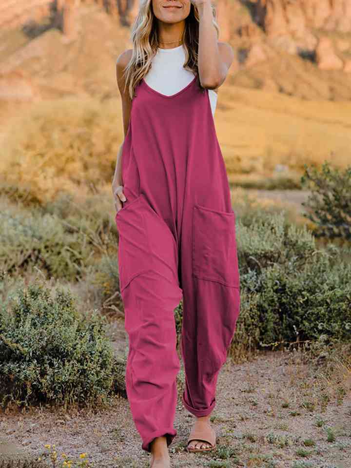 Double Take Full Size Sleeveless V-Neck Pocketed Jumpsuit Cerise Jumpsuits & Rompers JT's Designer Fashion