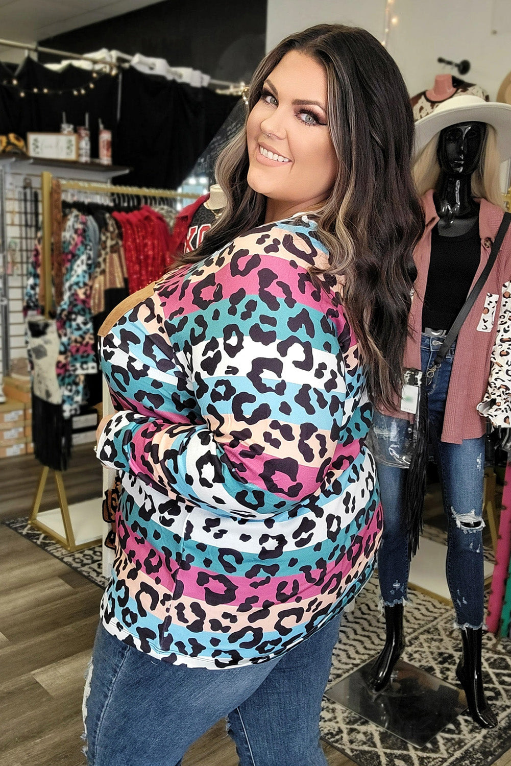 Leopard Contrast Striped Plus Size Long Sleeve Top Plus Size JT's Designer Fashion