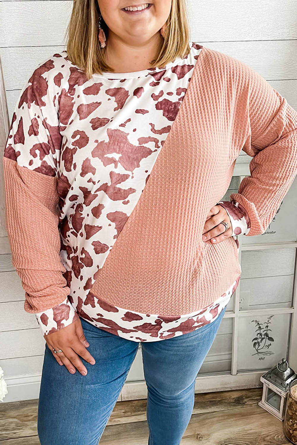 Pink Cow Stripe Colorblock Plus Size Long Sleeve Top Plus Size JT's Designer Fashion