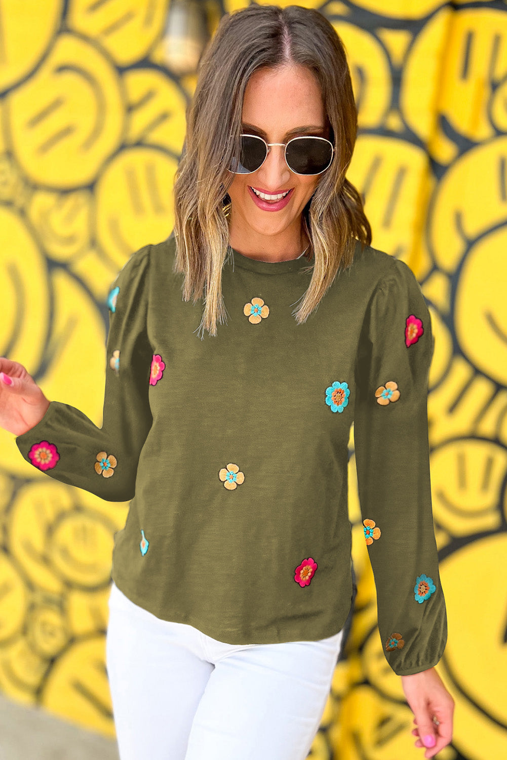 Pickle Green Floral Embroidered Puff Sleeve Blouse Tops & Tees JT's Designer Fashion