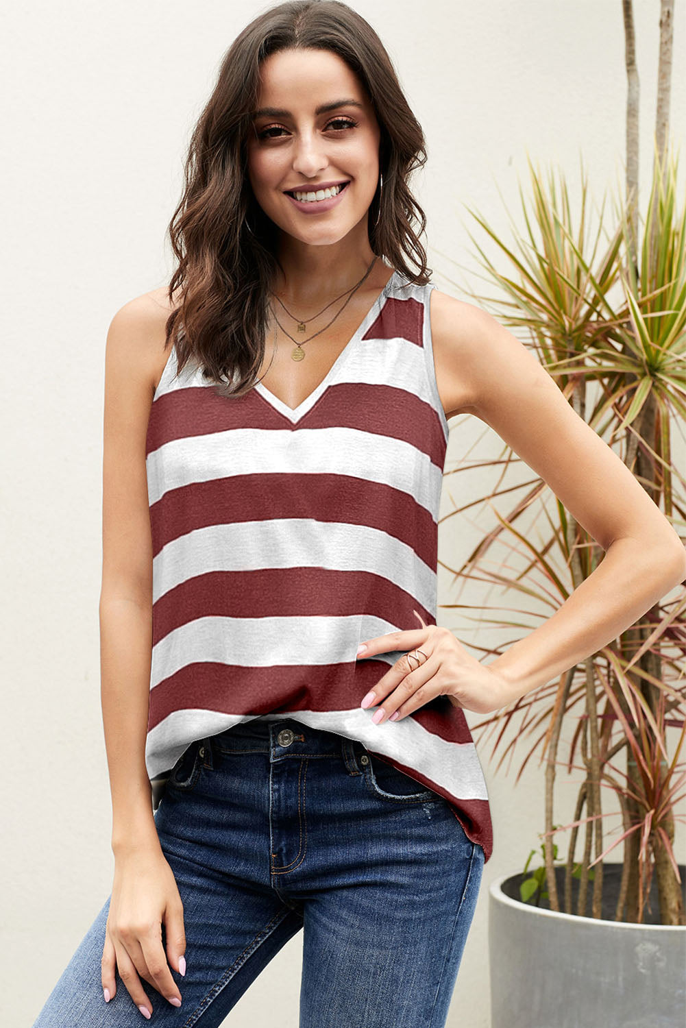 Red Striped V Neck Tank Top Tank Tops JT's Designer Fashion