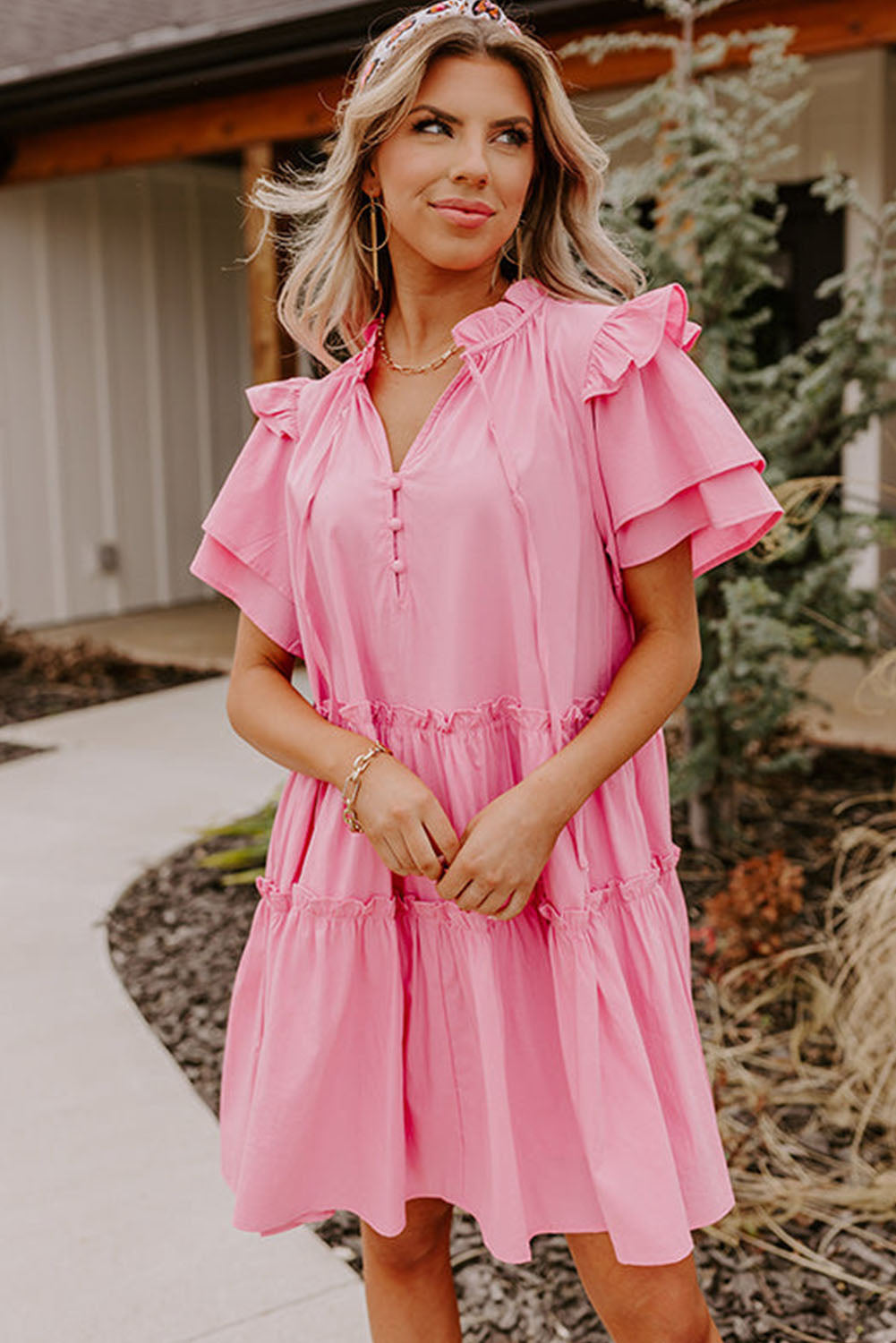 Pink V Neck Layered Ruffled Sleeves Mini Dress Mini Dresses JT's Designer Fashion