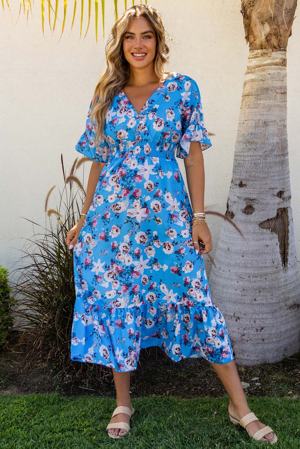 Blue Ruffle Short Sleeve Bohemian Flower Long Dress Floral Dresses JT's Designer Fashion