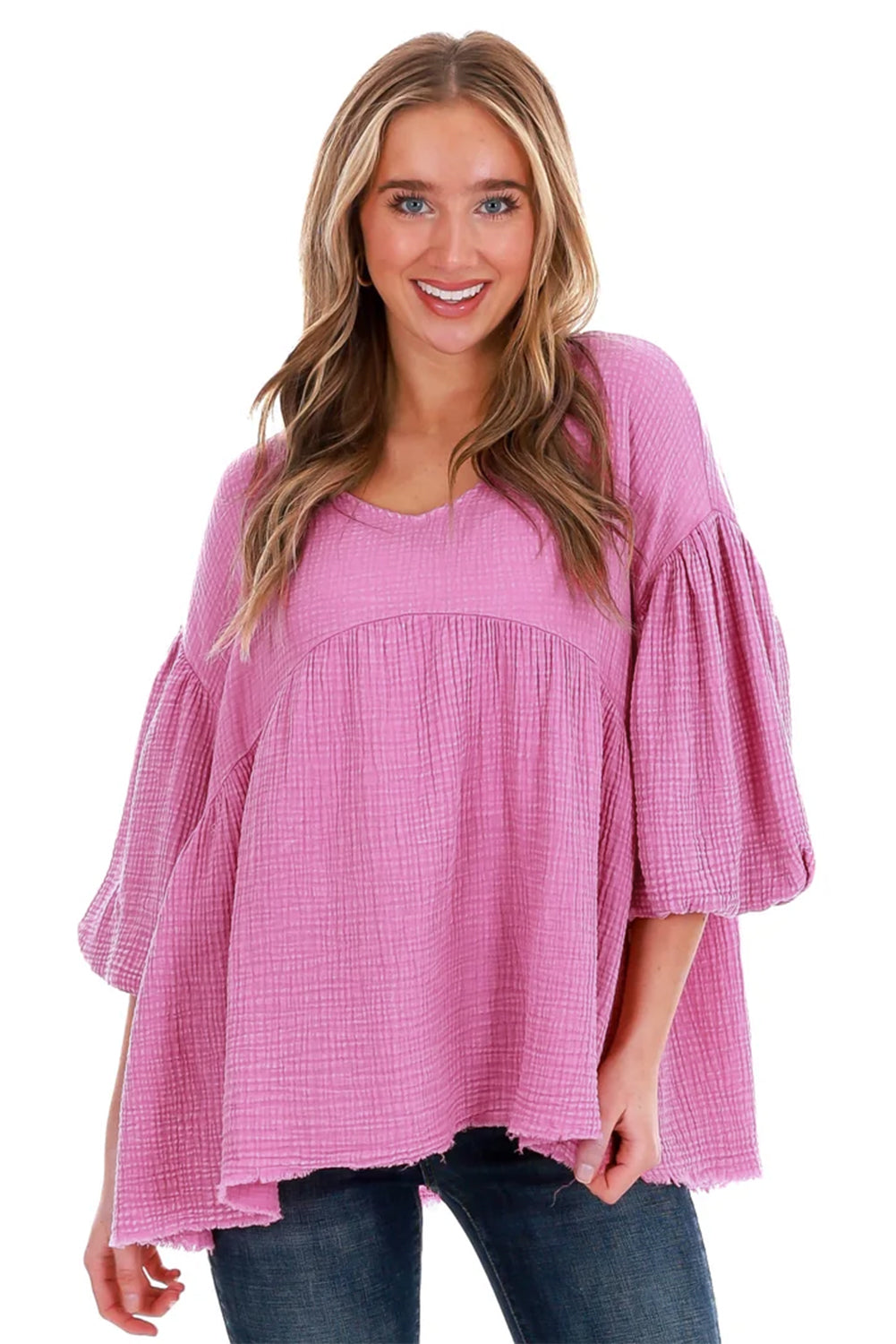 Pink Crinkle Bubble Sleeve Raw Hem Babydoll Blouse Blouses & Shirts JT's Designer Fashion