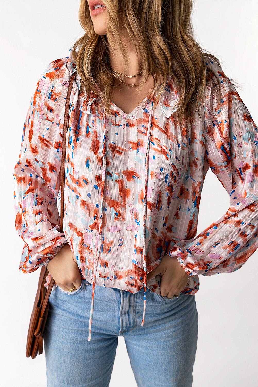 Multicolor Pattern Print Ruffled Pleated Long Sleeve Blouse Blouses & Shirts JT's Designer Fashion