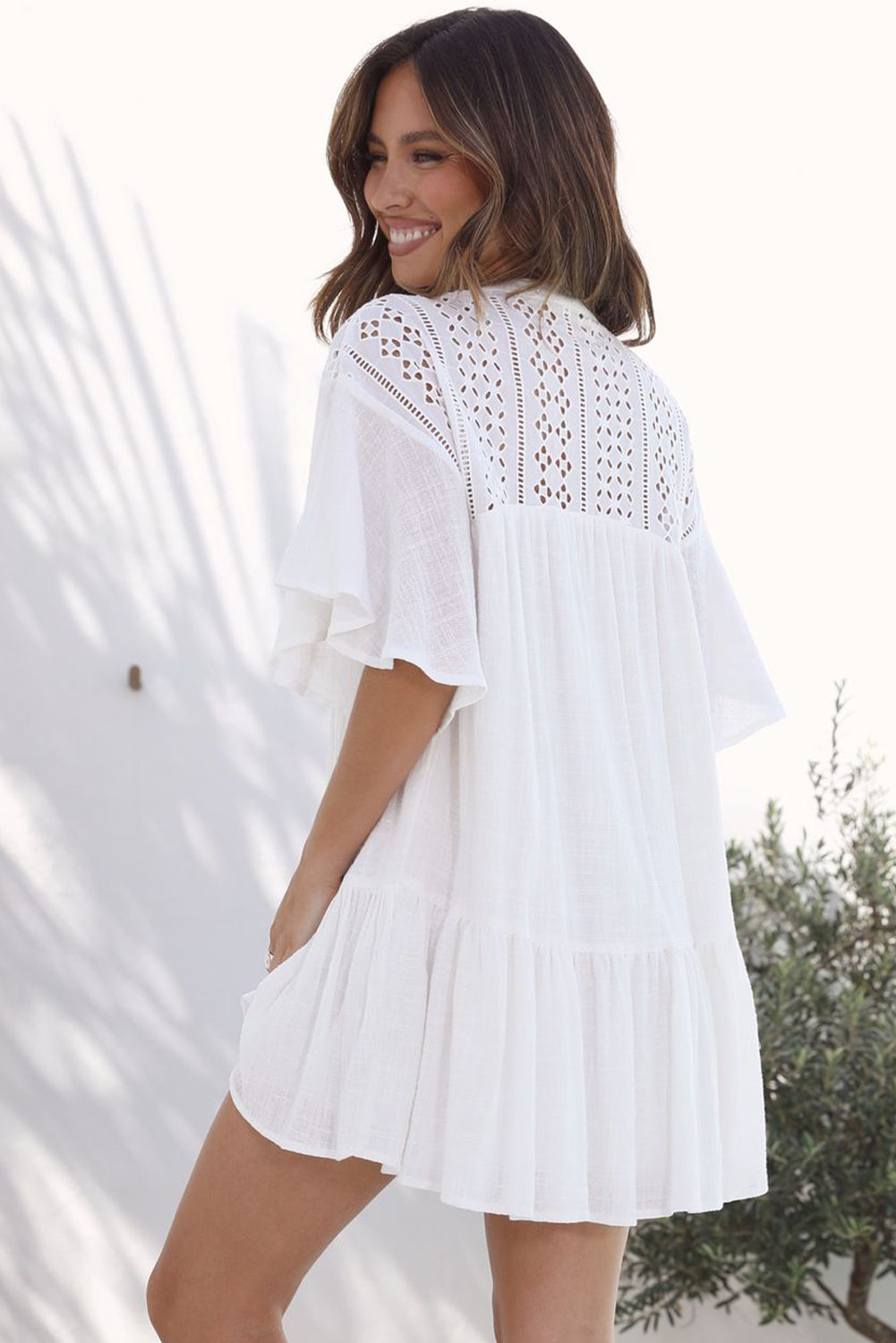 White Hollow Out Ruffled Buttoned Shirt Mini Dress Mini Dresses JT's Designer Fashion