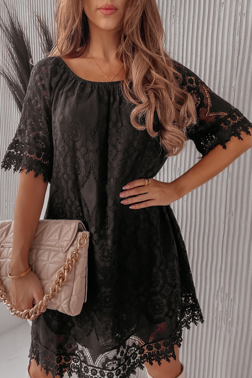 Black Round Neck Short Sleeve Loose Lace Dress Mini Dresses JT's Designer Fashion