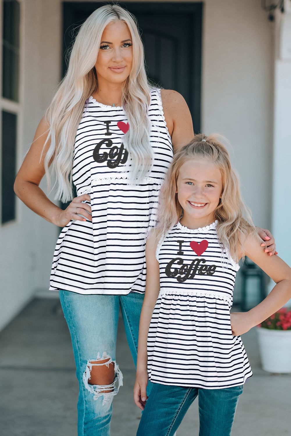 Family Matching I Love Coffee Heart Print Striped Girl's Tank Top Family T-shirts JT's Designer Fashion