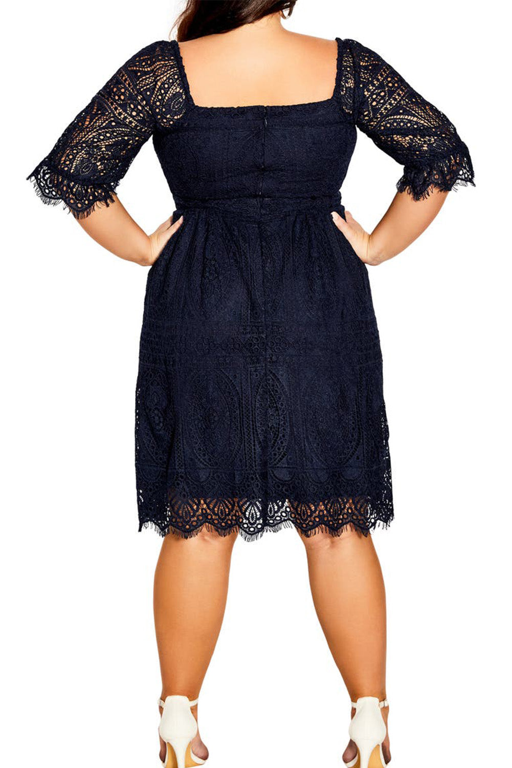 Black Eyelash Lace Square Neck Plus Size Dress Plus Size JT's Designer Fashion