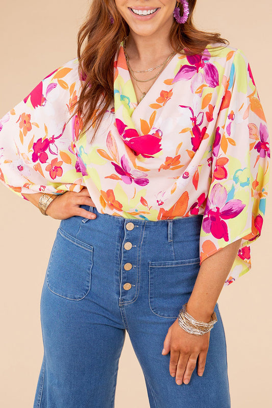 Multicolor Floral Print Cowl Neck Plus Size Blouse Plus Size Tops JT's Designer Fashion