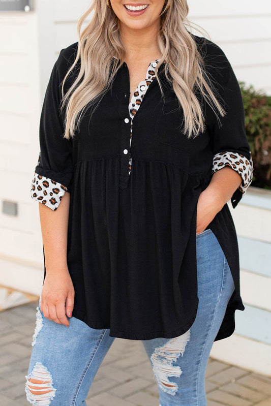 Black Plus Size Leopard Trim Frayed Babydoll Top Plus Size Tops JT's Designer Fashion