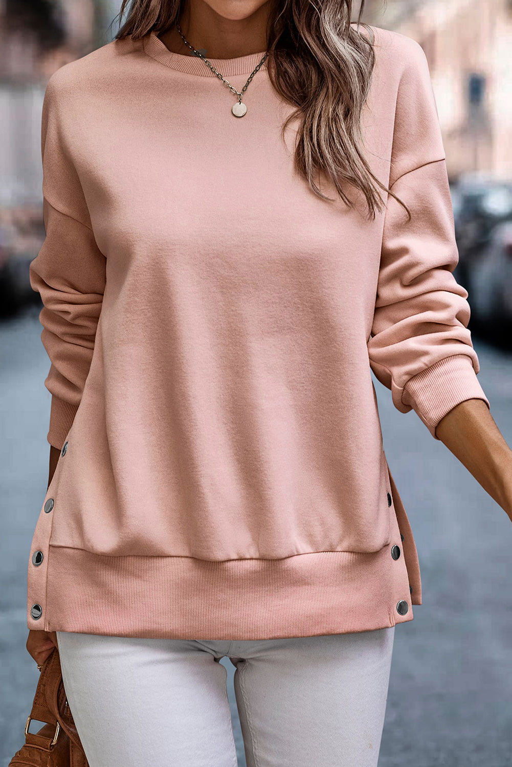 Light Pink Button Split Sides Solid Color Sweatshirt Pre Order Sweatshirts & Hoodies JT's Designer Fashion