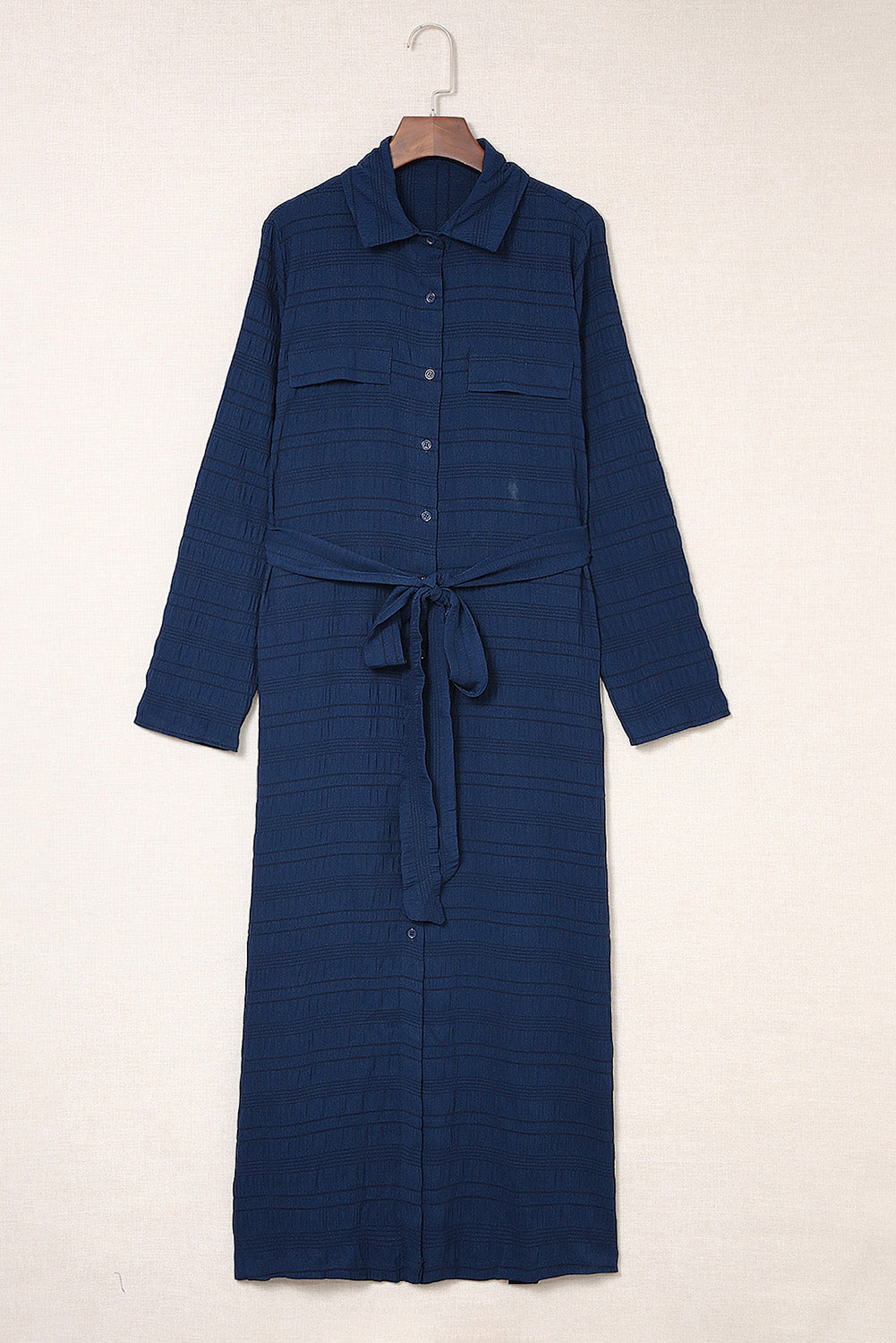 Blue Crinkle Textured Long Sleeve Shirt Dress with Belt T Shirt Dresses JT's Designer Fashion