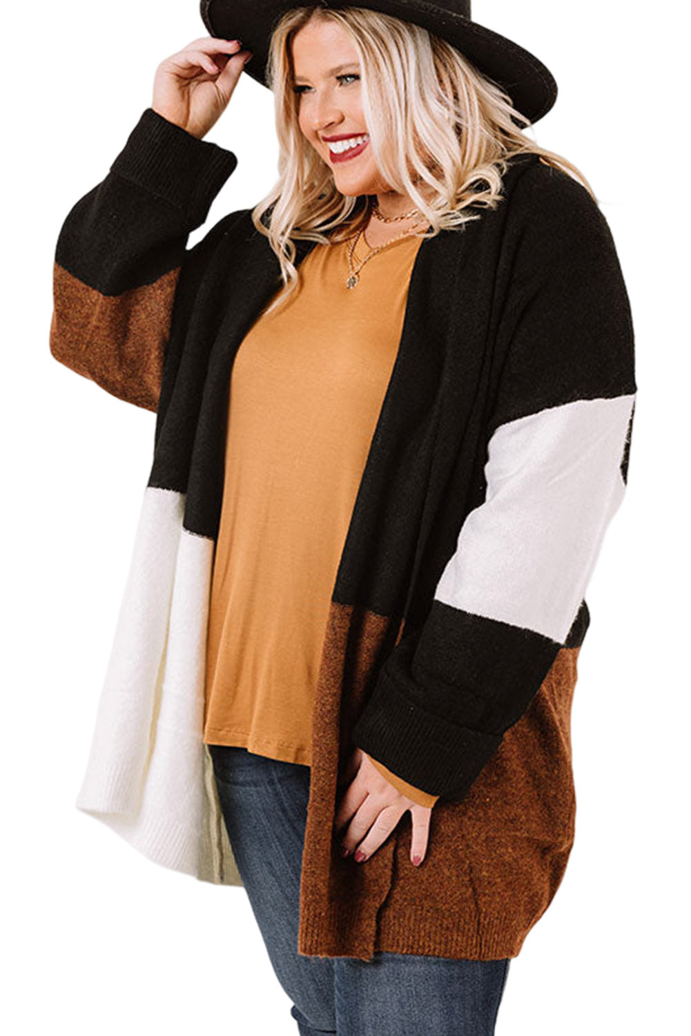 Brown Plus Size Open Front Color Block Tiered Cardigan Plus Size JT's Designer Fashion