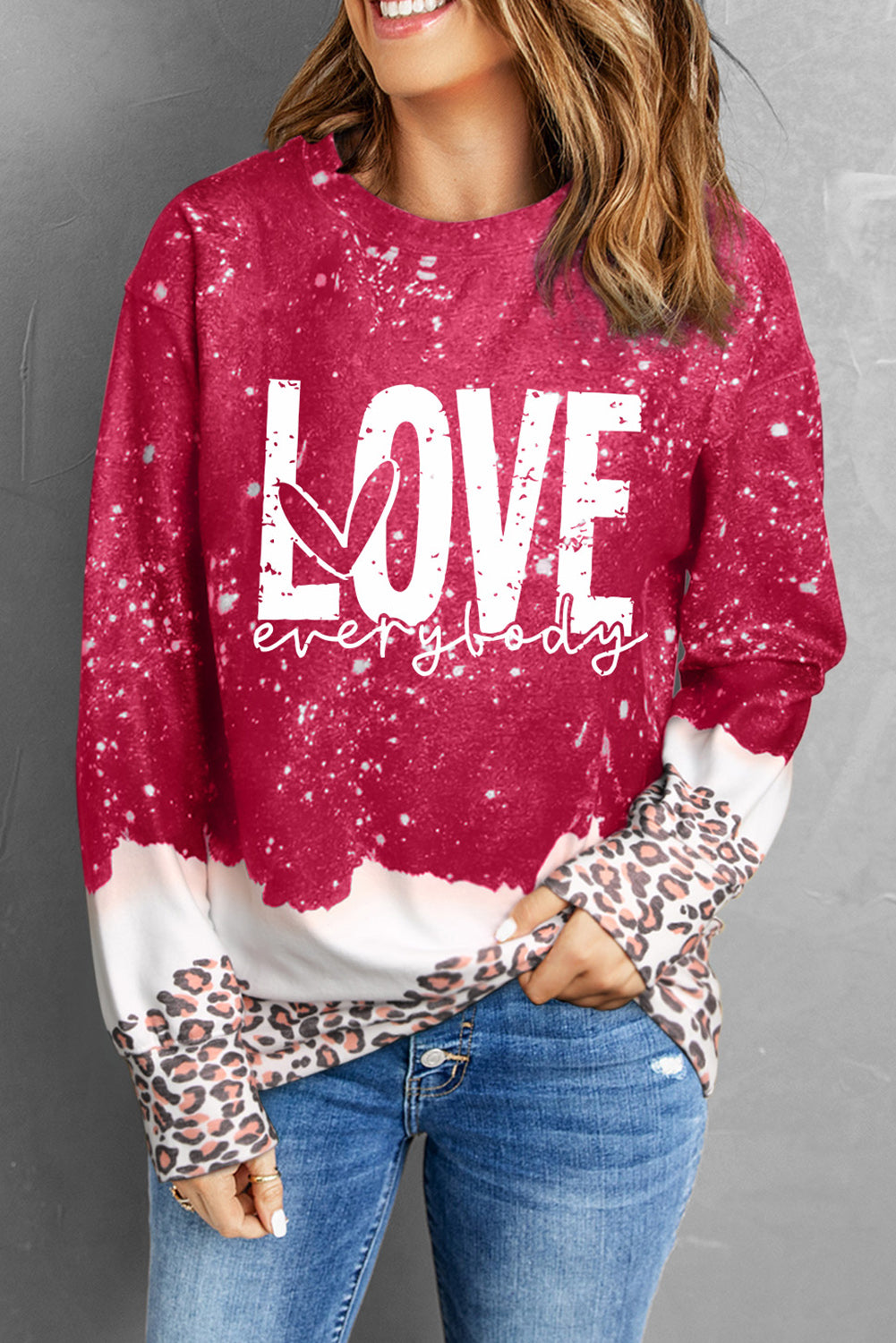 Red LOVE everyday Bleached Leopard Print Sweatshirt Graphic Sweatshirts JT's Designer Fashion