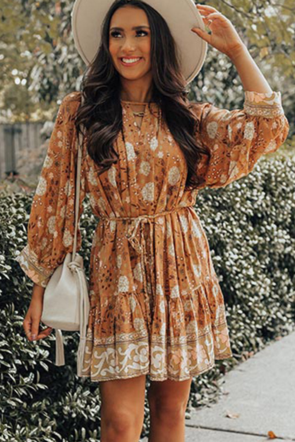 Camel 3/4 Sleeve Tie Waist Pleated Short Boho Floral Dress Dresses JT's Designer Fashion