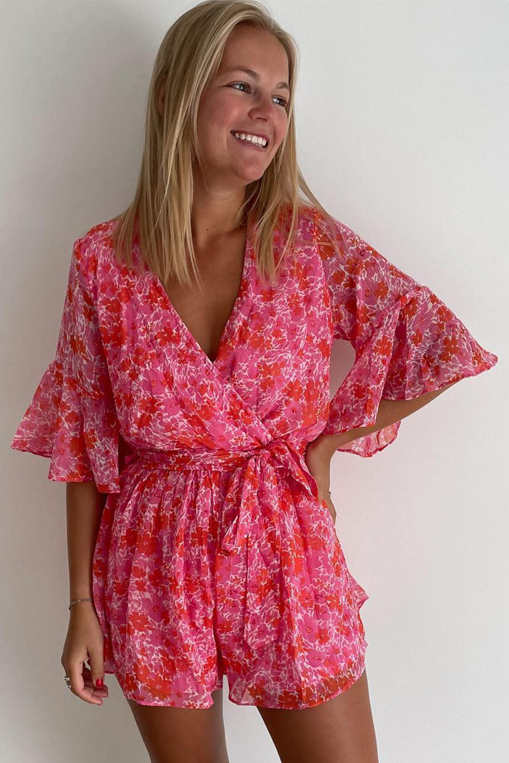 Pink V Neck Ruffled Sleeve Floral Romper Jumpsuits & Rompers JT's Designer Fashion