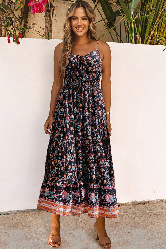 Multicolor Lace-up Front High Waist Floral Maxi Dress Floral Dresses JT's Designer Fashion