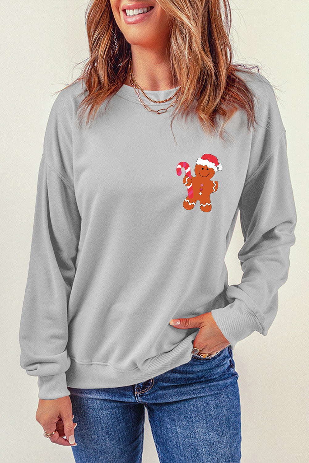 Gray Christmas Gingerbread Man Crew Neck Graphic Sweatshirt Graphic Sweatshirts JT's Designer Fashion