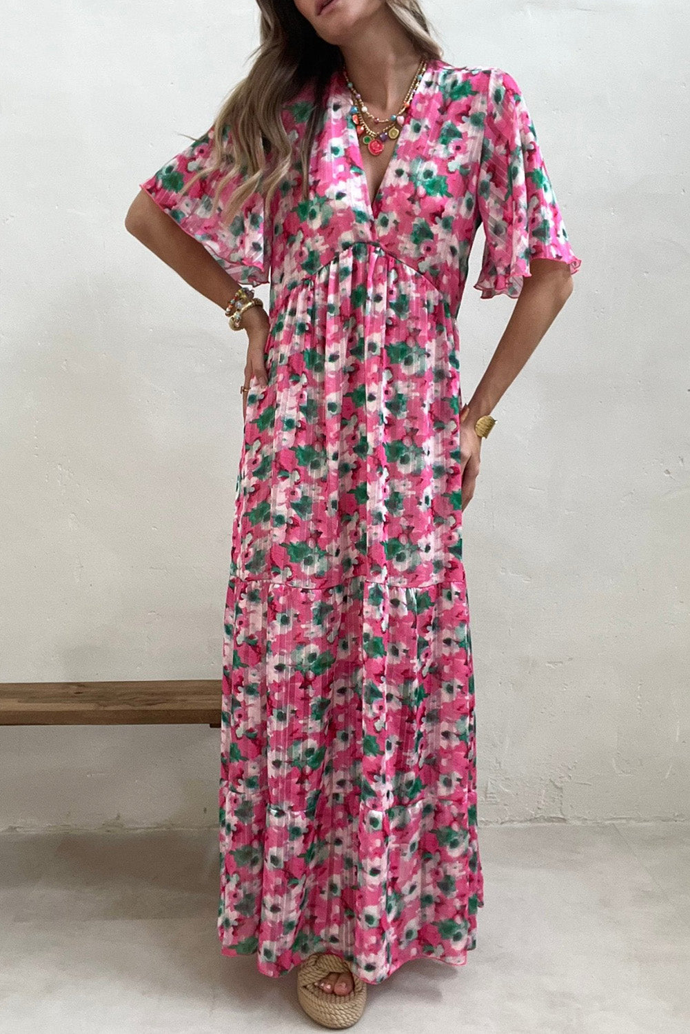 Pink Wide Sleeves Floral Print Maxi Dress Maxi Dresses JT's Designer Fashion