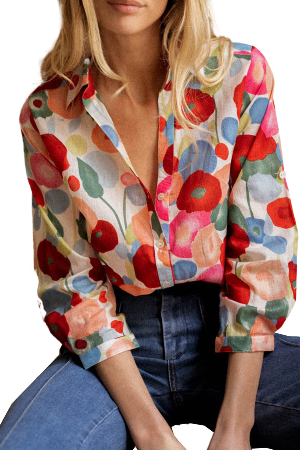 Multicolor Floral Long Sleeve Button-Down Shirt Tops & Tees JT's Designer Fashion