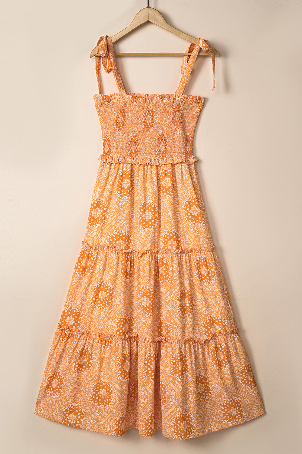 Orange Boho Floral Print Lace-up Straps Tiered Smocked Maxi Dress Floral Dresses JT's Designer Fashion