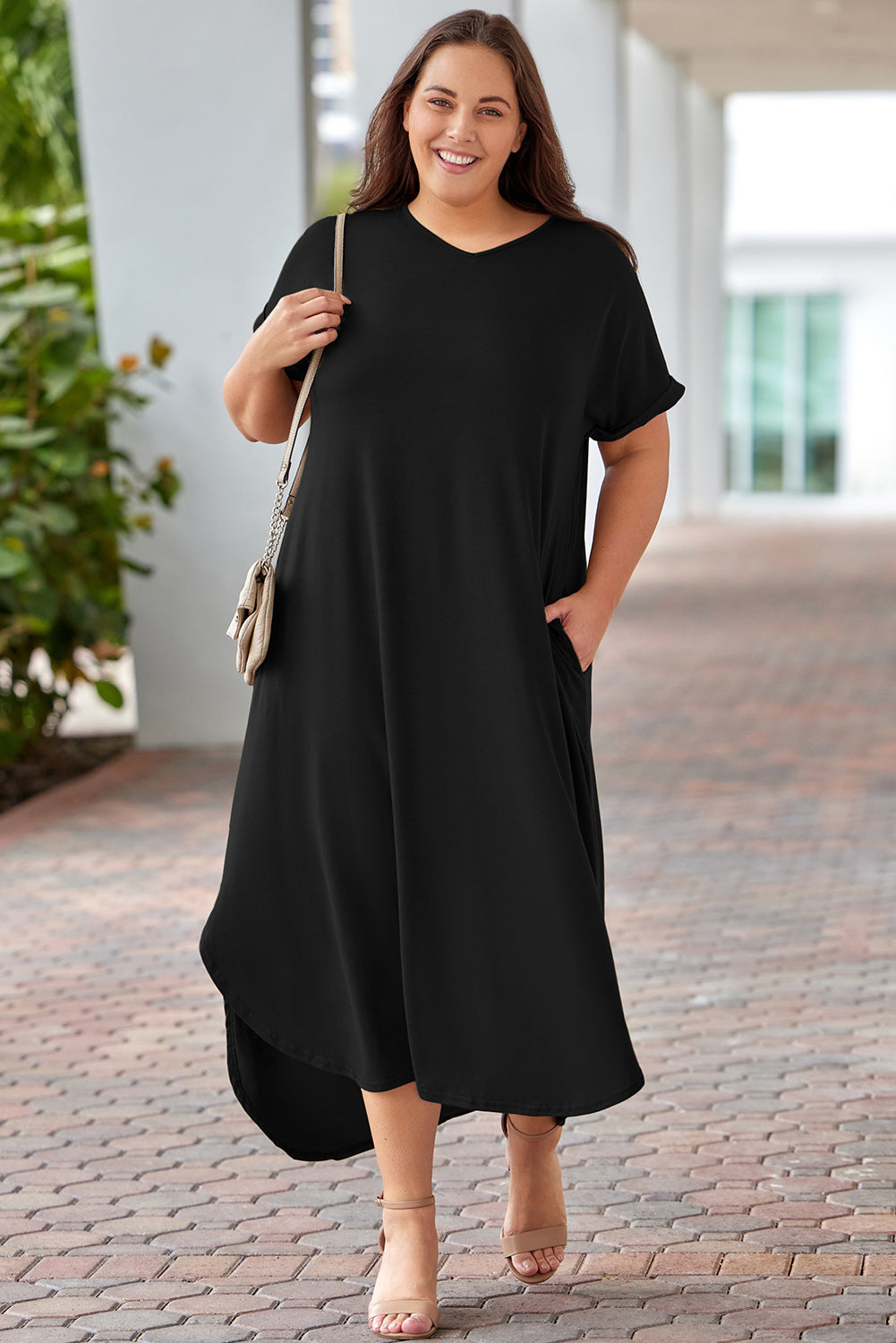 Black Plus Size V Neck Rolled Cuffs Maxi Dress Black 65%Polyester+30%Viscose+5%Elastane Plus Size Dresses JT's Designer Fashion