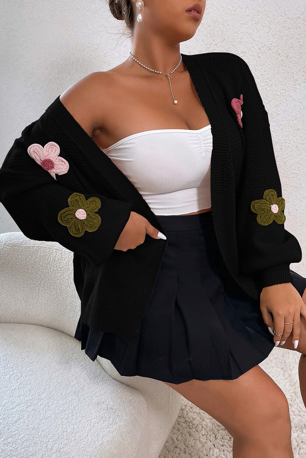 Black Floral Applique Drop Shoulder Bubble Sleeve Cardigan Pre Order Sweaters & Cardigans JT's Designer Fashion